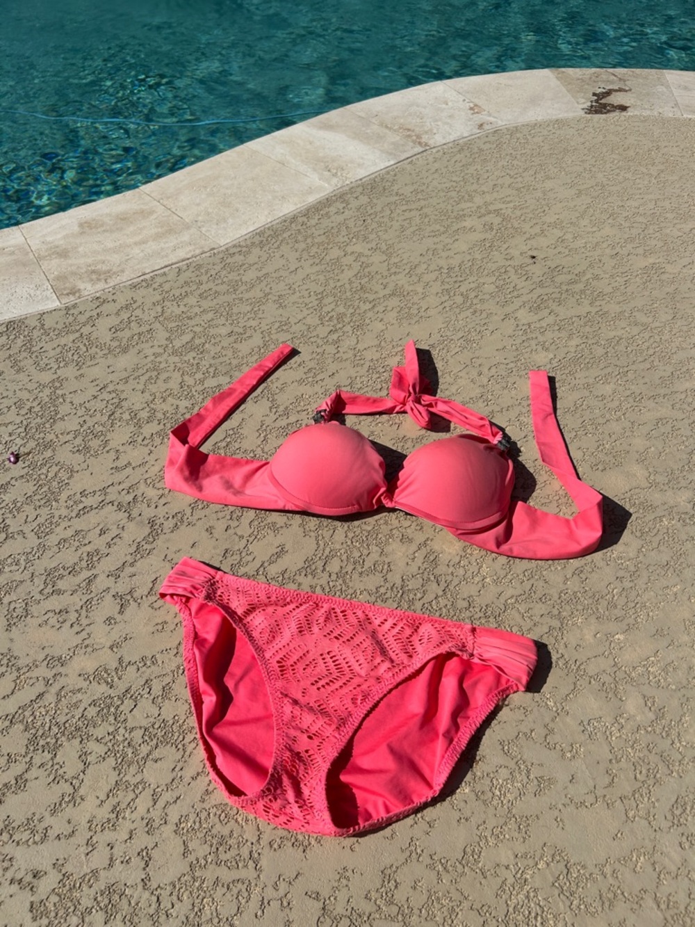 BECCA Coral Pink Halter Bikini Set with Crochet Briefs